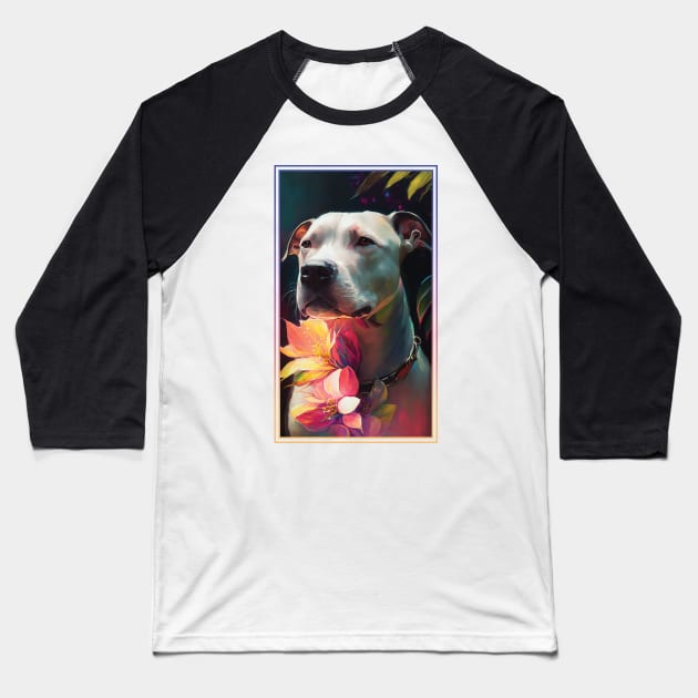American Staffordshire Terrier Pitbull Vibrant Tropical Flower Tall Digital Oil Painting Portrait  7 Baseball T-Shirt by ArtHouseFlunky